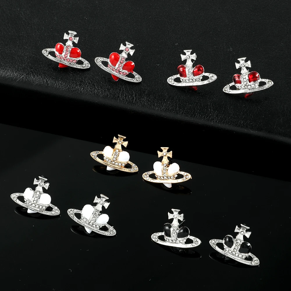 Metal Color: SILVER PLATED - Saturn Planet Stud Earrings For Women Girl Heart Earrings