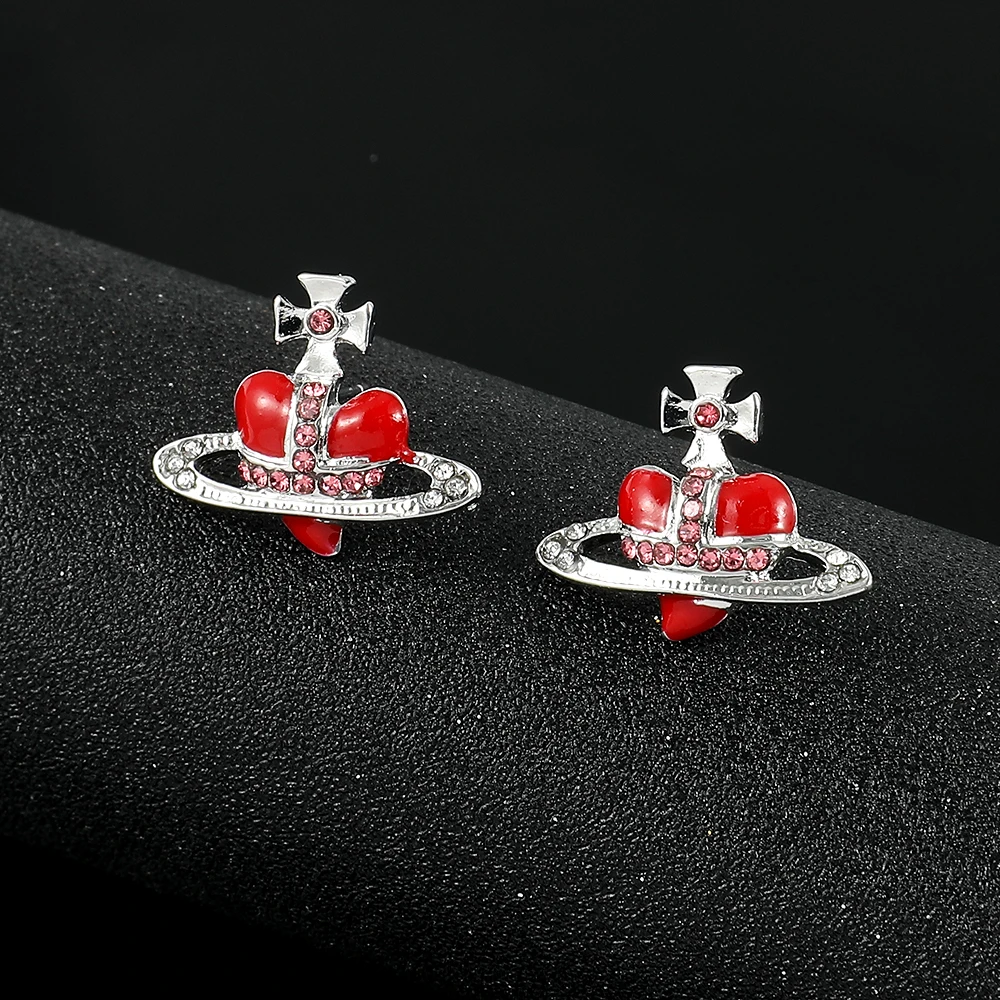 Metal Color: SILVER PLATED - Saturn Planet Stud Earrings For Women Girl Heart Earrings