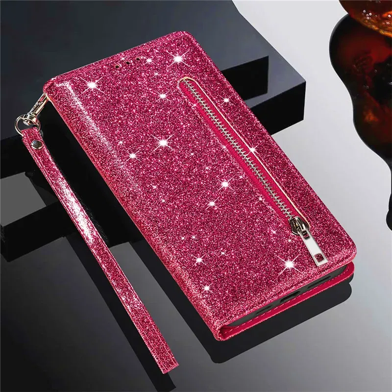 Color: Rose Red, Material: Microfiber - Zipper Flip Wallet Glitter Leather Case for iPhone 16 15 14 13 12 11 Pro Max XS XR 8 7 Plus SE 2022 Mini Bling Stand Phone Cover