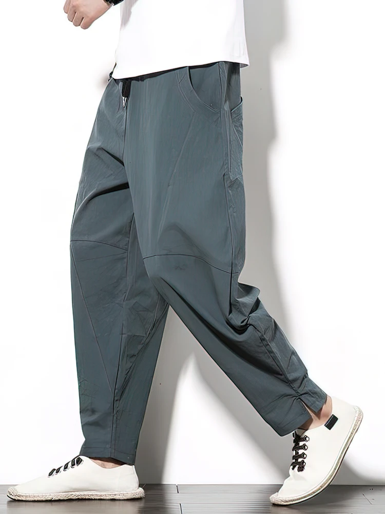 Color: green, Size: L - 100% Cotton Linen Pants Men Baggy Casual Trousers Male Walking Wide leg Loose Sweatpants Chinese Summer Jogger Pants 2025 New