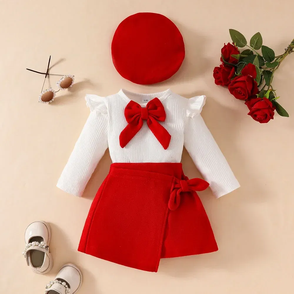 Color: Yellow, Kid Size: 3T - Baby Girls Clothes New Year Set 0-3Y Long Sleeve Big Bow Top Irregular Skirt and Beret 3Pcs Toddler Christmas Clothes