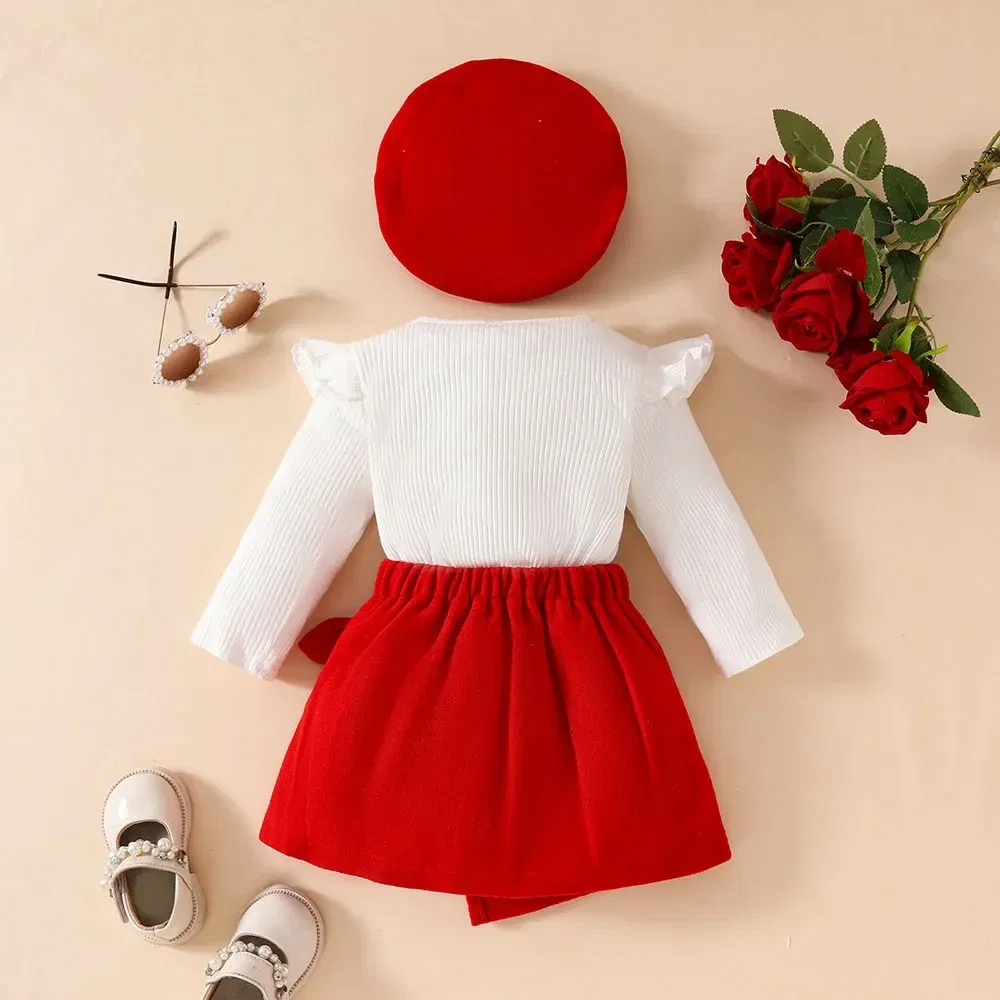 Color: Yellow, Kid Size: 3T - Baby Girls Clothes New Year Set 0-3Y Long Sleeve Big Bow Top Irregular Skirt and Beret 3Pcs Toddler Christmas Clothes