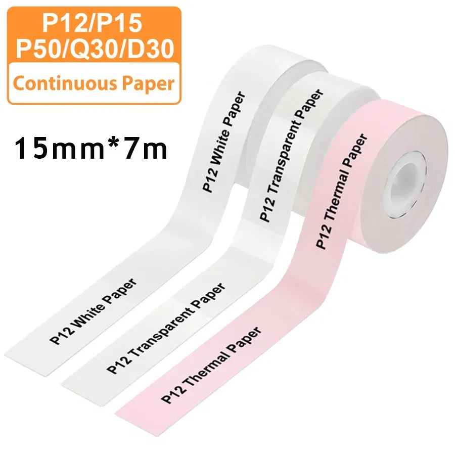 Color: Light Grey - 3pcs 15mm x7m Continuous Label Paper fit for P12 P15 Phomemo D30 Q30 Printer Waterproof Self Adhesive Thermal Printer Sticker