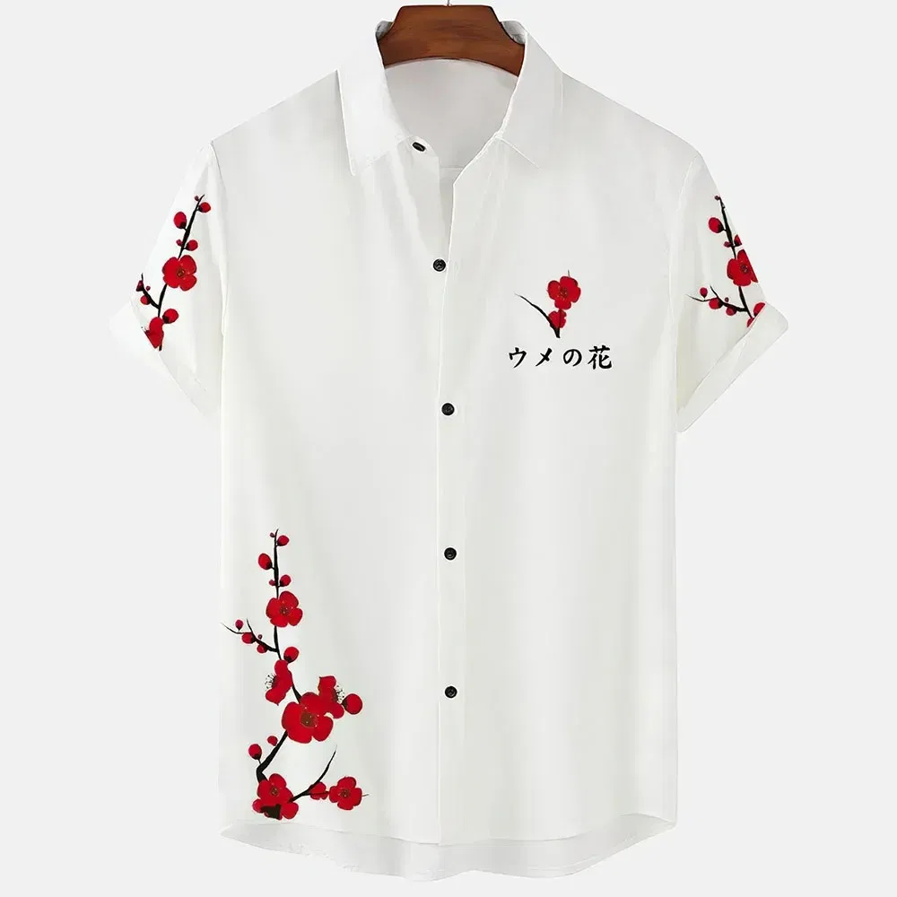 Color: army green, Size: L - Fashionable Luxury Social men's Shirt Lapel button-down Shirt Casual Japanese Aesthetic Cherry Blossom Print short-sleeved Tops