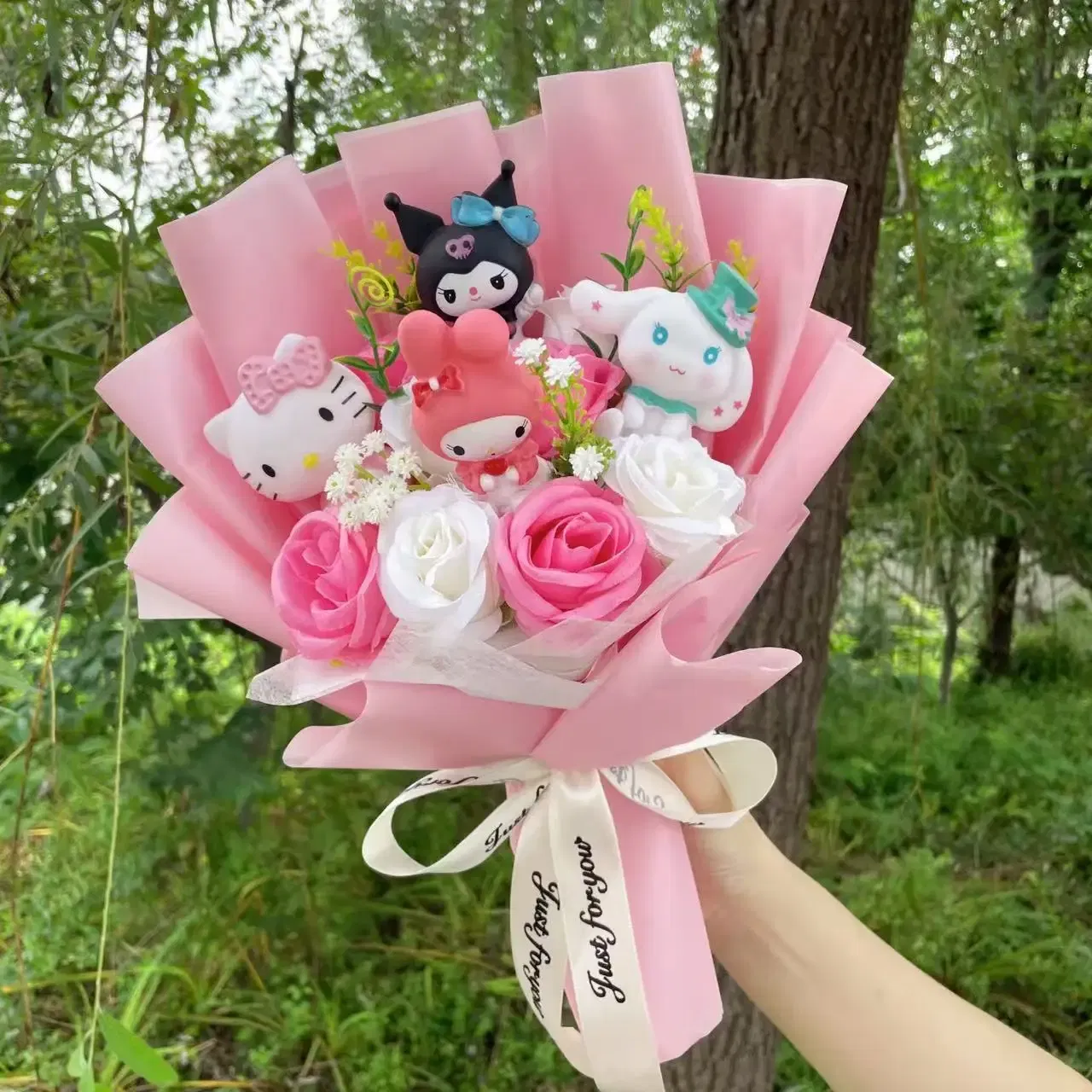 Color: Red - Kawaii Hello Kitty Cat Dolls With Artificial Flowers Creative Bouquet Christmas Valentine Birthday Graduation Gifts