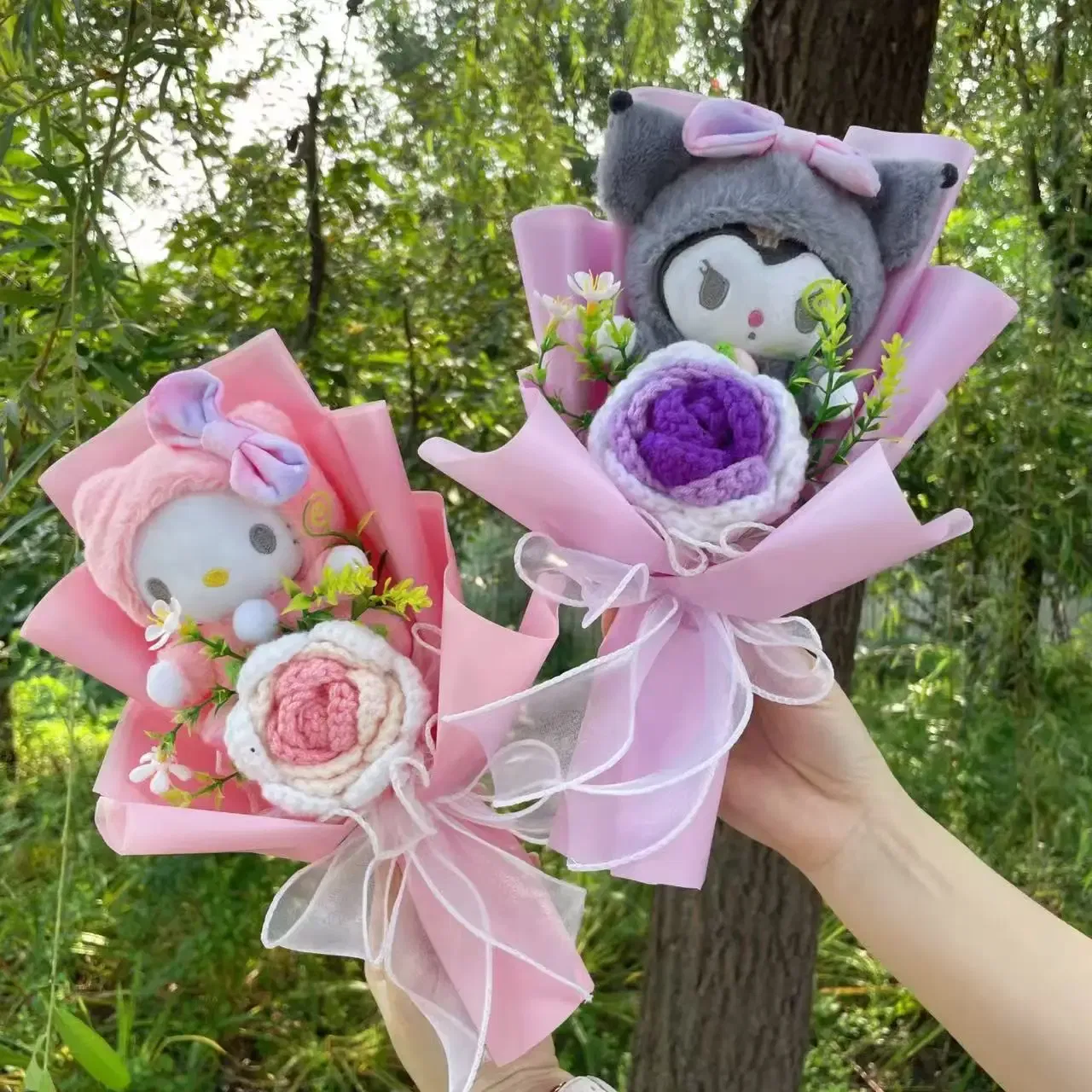 Color: Red - Kawaii Hello Kitty Cat Dolls With Artificial Flowers Creative Bouquet Christmas Valentine Birthday Graduation Gifts