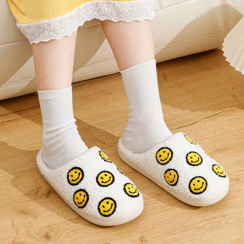 Color: Yellow, Shoe Size: 3.5 - Little Cute Smile Face Slippers Houseshoes Women's House Smile Ladies Indoor Winter Fluffy Cozy Home Comfy Women Shoes
