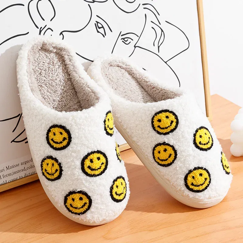 Color: Yellow, Shoe Size: 3.5 - Little Cute Smile Face Slippers Houseshoes Women's House Smile Ladies Indoor Winter Fluffy Cozy Home Comfy Women Shoes