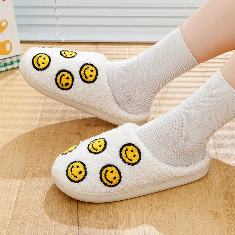 Color: Yellow, Shoe Size: 3.5 - Little Cute Smile Face Slippers Houseshoes Women's House Smile Ladies Indoor Winter Fluffy Cozy Home Comfy Women Shoes