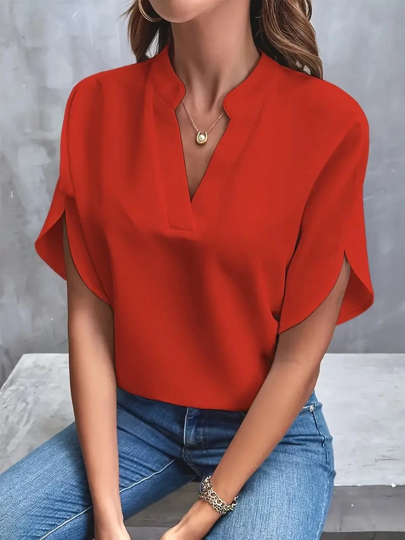 Color: Pink, Size: S - Women Elegant Solid Chiffon Blouse Spring Summer Casual Long Sleeve V Neck Loose Shirt Office Lady Tunics Oversized Tops 2024