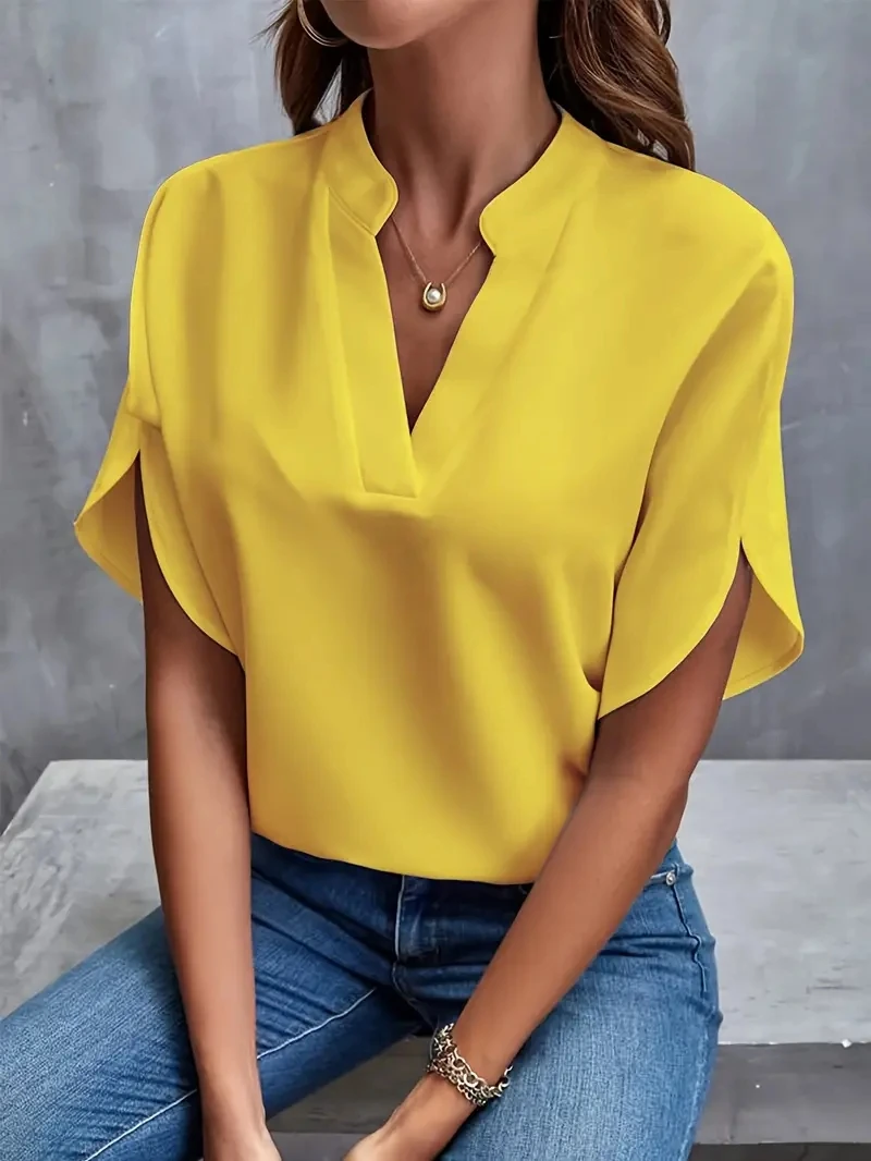 Color: Pink, Size: S - Women Elegant Solid Chiffon Blouse Spring Summer Casual Long Sleeve V Neck Loose Shirt Office Lady Tunics Oversized Tops 2024
