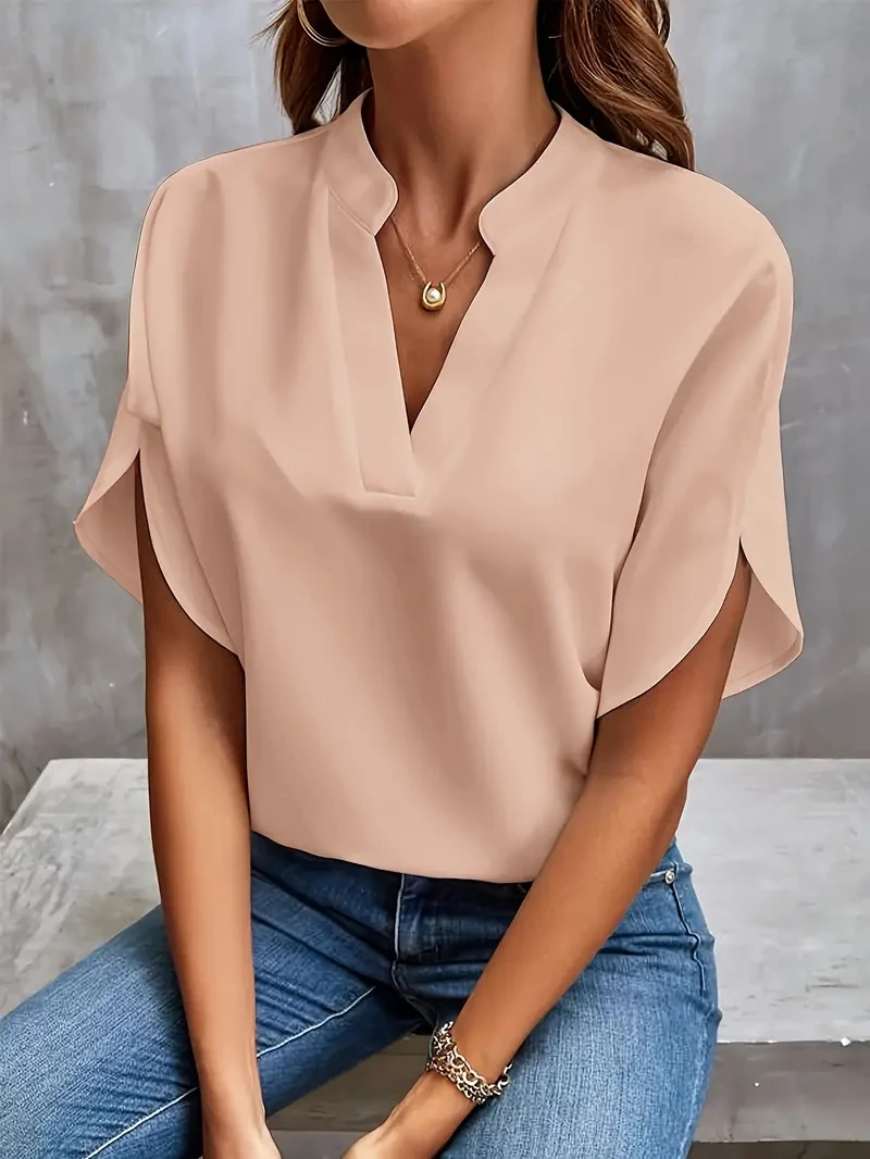 Color: Pink, Size: S - Women Elegant Solid Chiffon Blouse Spring Summer Casual Long Sleeve V Neck Loose Shirt Office Lady Tunics Oversized Tops 2024