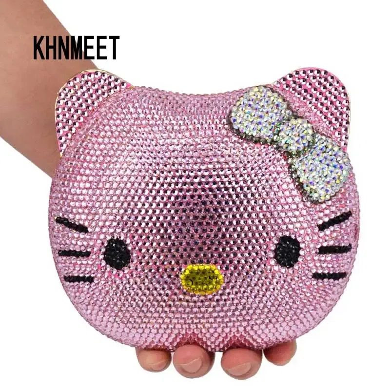Color: Beige - Luxury Navy Blue Crystal Animal Evening Bags Cat Designer Party Purse Ladies Clutch Bags Women Handbags