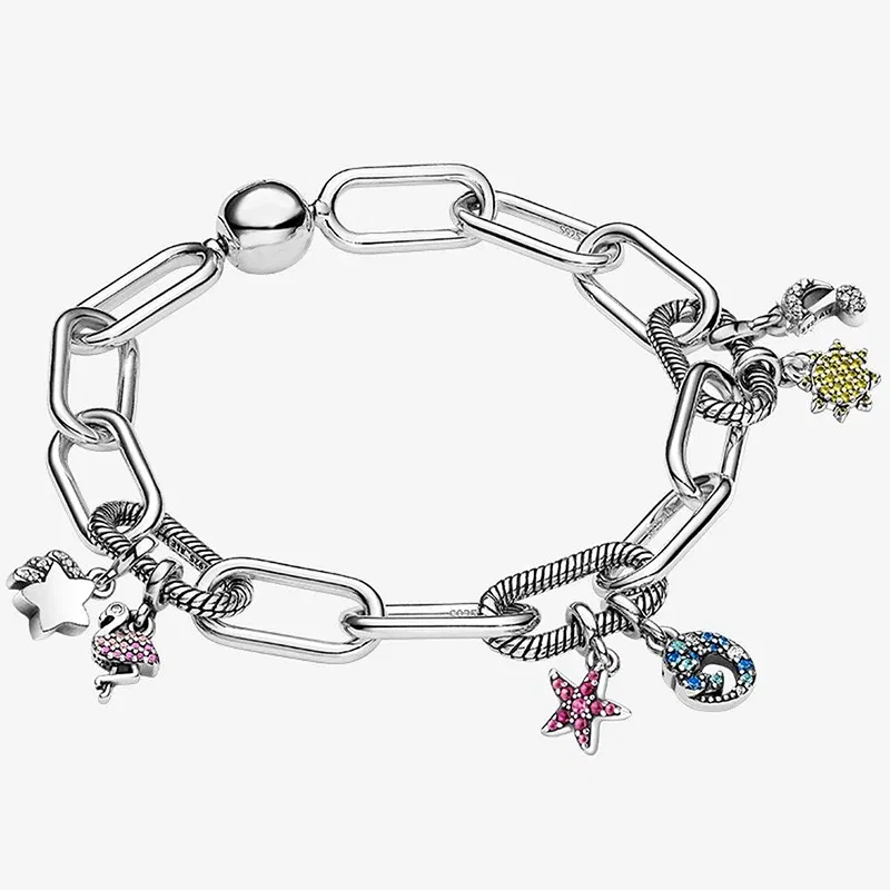 Color: DEEP BLUE - 2022 New 925 Sterling Silver My Love Starfish Flamingo Pendant Charm Fit Original Pandora Me Bracelet DIY Bead Jewelry For Women