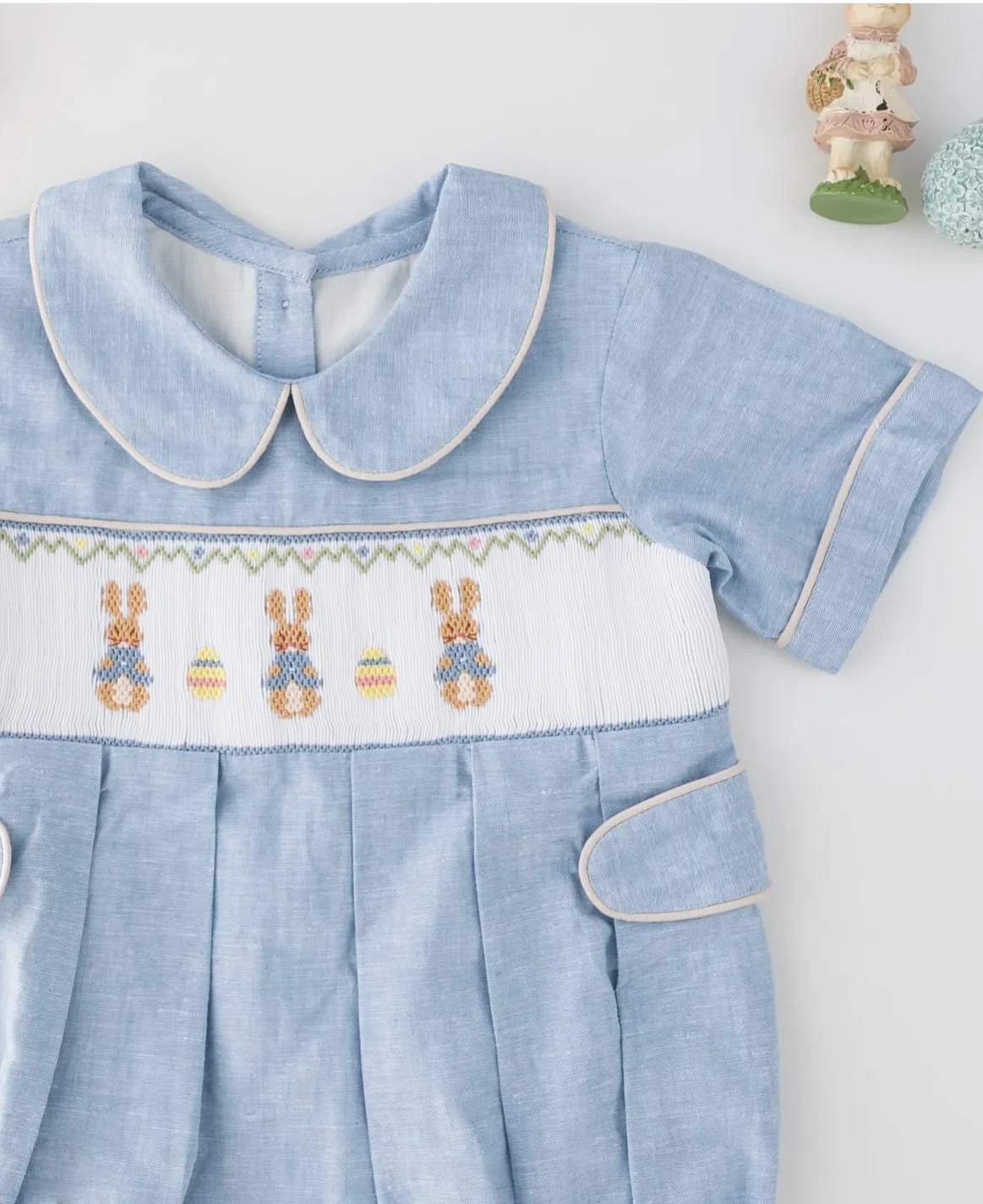 Kid Size: 3M - 0-6Y Baby Boy Summer Rabbits Handmade Embroidery Smocked Blue Rompers for Birthday Phototgraphy Party Holiday Eid Casual A5