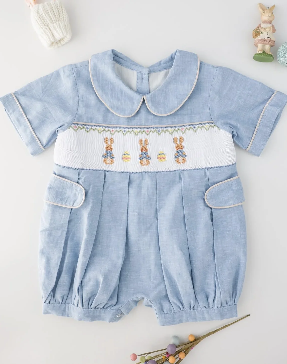 Kid Size: 3M - 0-6Y Baby Boy Summer Rabbits Handmade Embroidery Smocked Blue Rompers for Birthday Phototgraphy Party Holiday Eid Casual A5