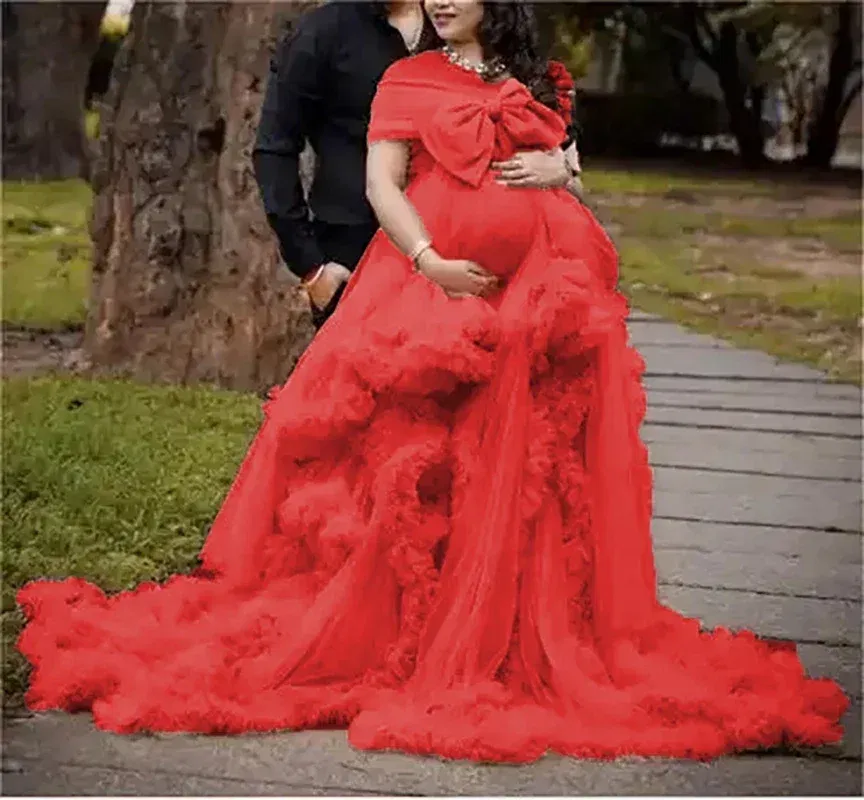 Color: Red, Maternity Size: 6, Ships From: CHINA - BIG BOW Tulle Ruffle maternity dresses photoshoot baby shower п?»?°?‚ь?µ д?»я ?±?µр?µм?µнн?‹?… فس?§تي?† ??&e