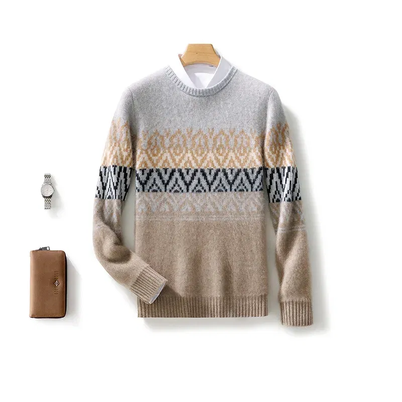 Color: Champagne, Size: XXXL - 100% Pure Wool Pullover Sweater Men's Round Neck Knitted Sweater Autumn Winter Thick Warm Ethnic Style Men's Clothing