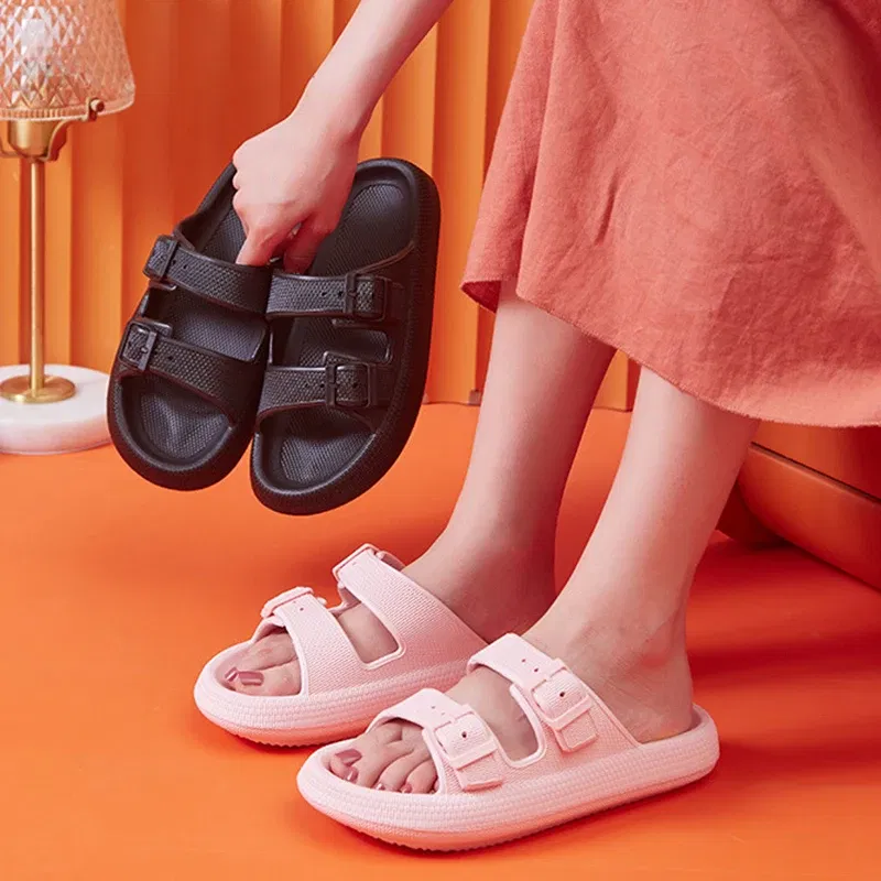 Color: Pink, Shoe Size: 38-39 - Fashion Buckle Thick Platform Slippers Women Home Soft Sole eva Cloud Slides Sandals Woman 2025 Summer Non Slip Beach Flip Flops