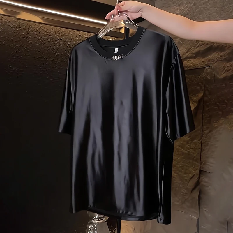Color: black, Size: S - Summer Glossy Black Short Sleeve Vintage T shirt Satin Plus Size Loose Men Top Shirt