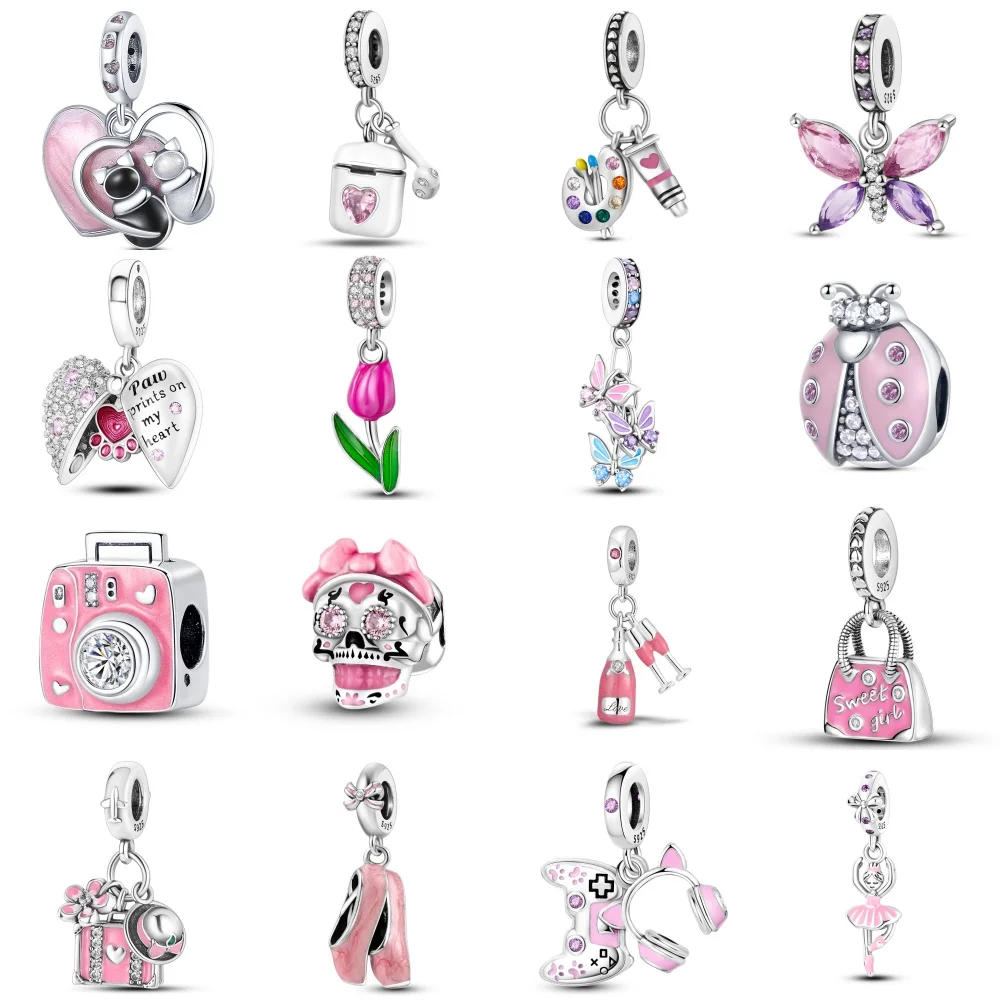 Color: Beige - 925 Sterling Silver Pink Series Charms Love-Heart Cute Animals Beads Fit Pandora Original Bracelets Girl Jewelry Gifts Accessory