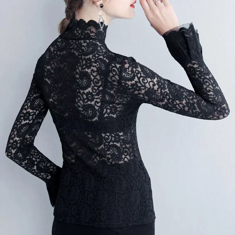 Color: WHITE, Size: L - Sexy Transparent Long Sleeve Top Women 2025 Fashion Autumn Winter Basic Lace Blouses White Black Hollow Blusas Mujer Oversized