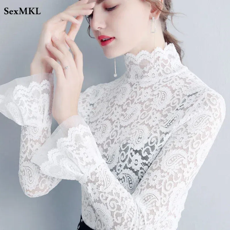 Color: WHITE, Size: L - Sexy Transparent Long Sleeve Top Women 2025 Fashion Autumn Winter Basic Lace Blouses White Black Hollow Blusas Mujer Oversized