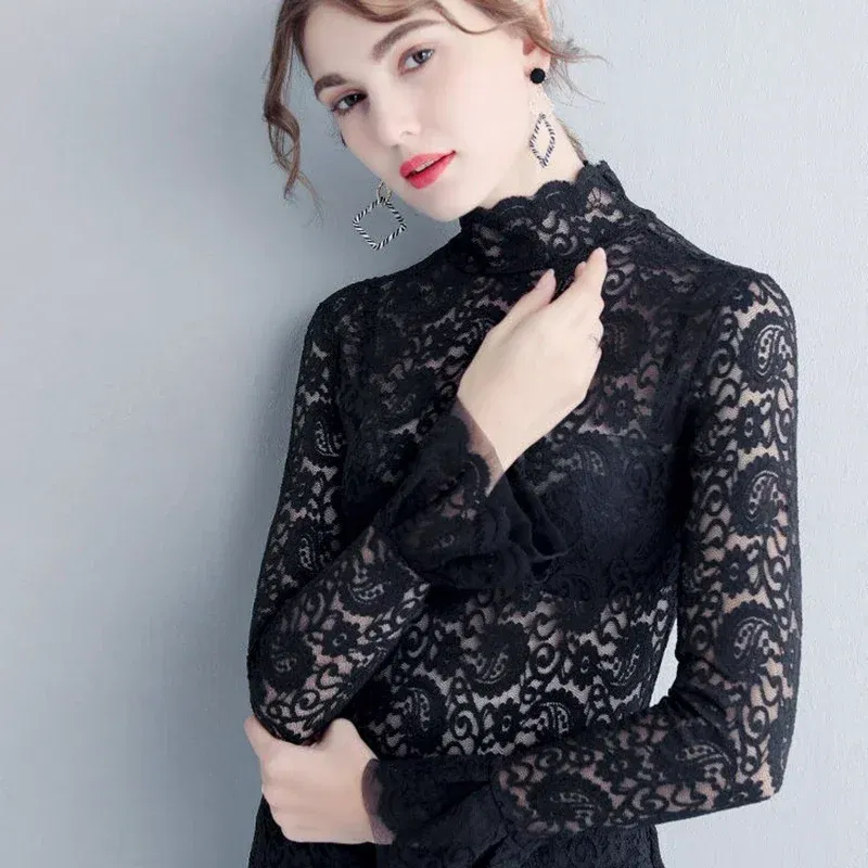 Color: WHITE, Size: L - Sexy Transparent Long Sleeve Top Women 2025 Fashion Autumn Winter Basic Lace Blouses White Black Hollow Blusas Mujer Oversized