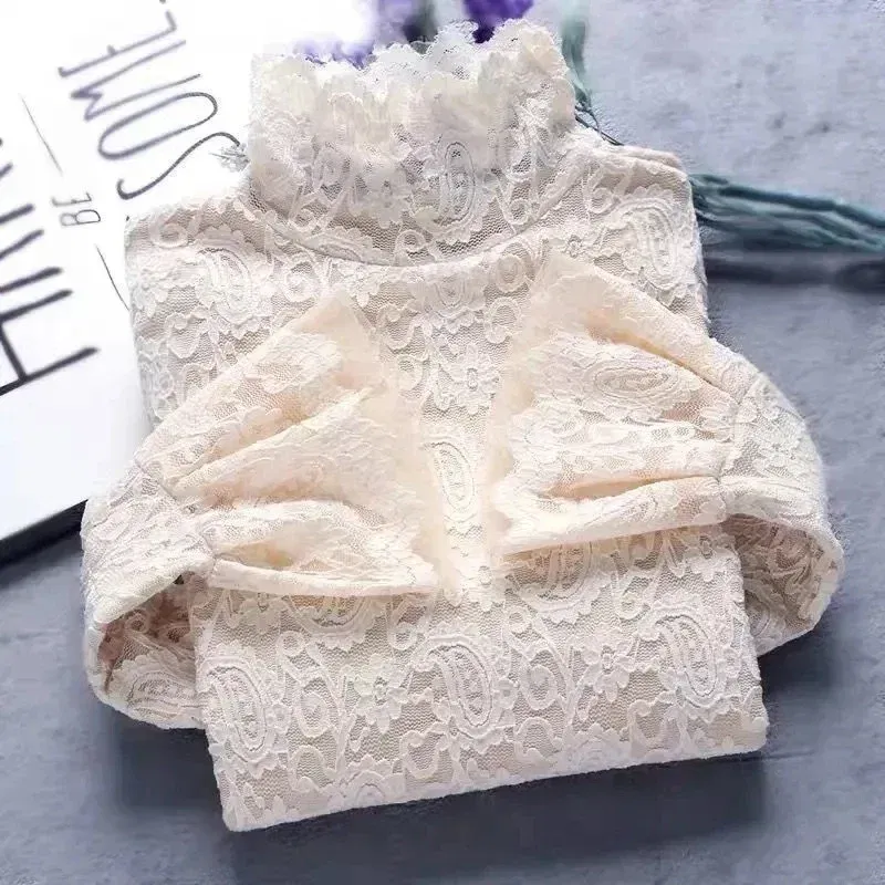 Color: WHITE, Size: L - Sexy Transparent Long Sleeve Top Women 2025 Fashion Autumn Winter Basic Lace Blouses White Black Hollow Blusas Mujer Oversized