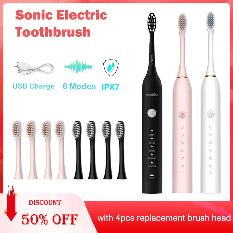 Color: Gold - Toothink Electric Toothbrush Smart Timing Tooth Brush Rechargeable Teeth Clean Whitening Sonic Toothbrush With Replacement Head