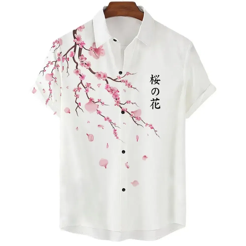 Color: MULTI, Size: M - Fashionable Luxury Social men's Shirt Lapel button-down Shirt Casual Japanese Aesthetic Cherry Blossom Print short-sleeved Tops