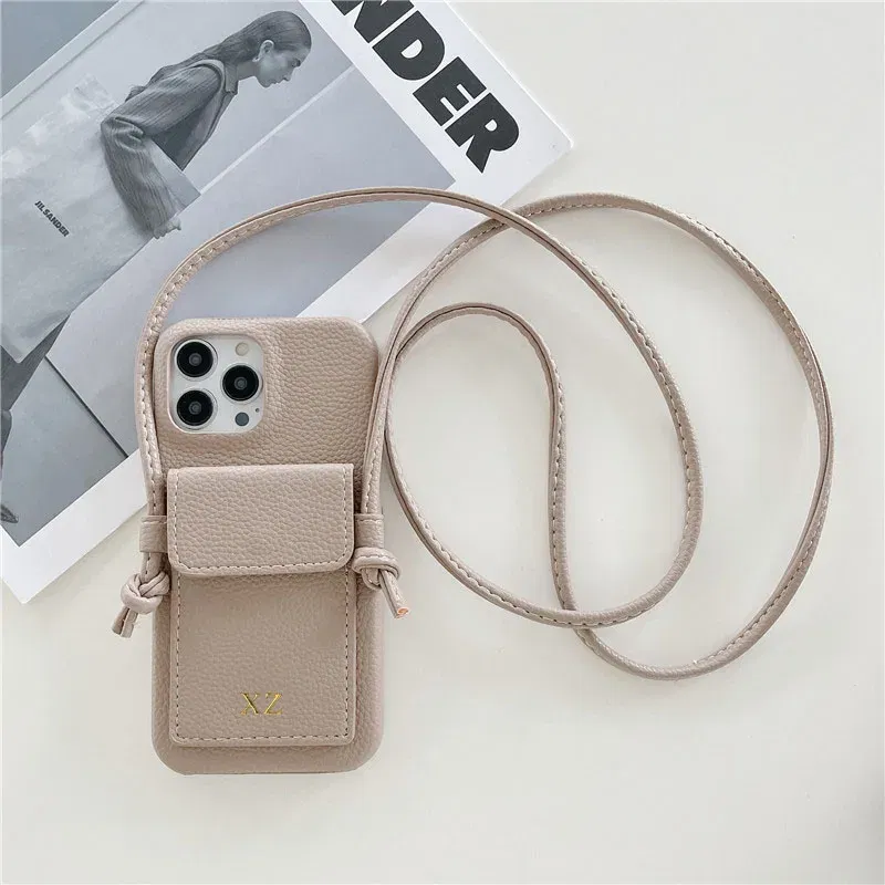 Color: Khaki, Material: PC + TPU - Personalized Gold Silver Letters Leather PU Card Holder Lanyard Hard Case For iPhone 14 13 12 11 15 Pro Max XS XR 16 Plus Cover