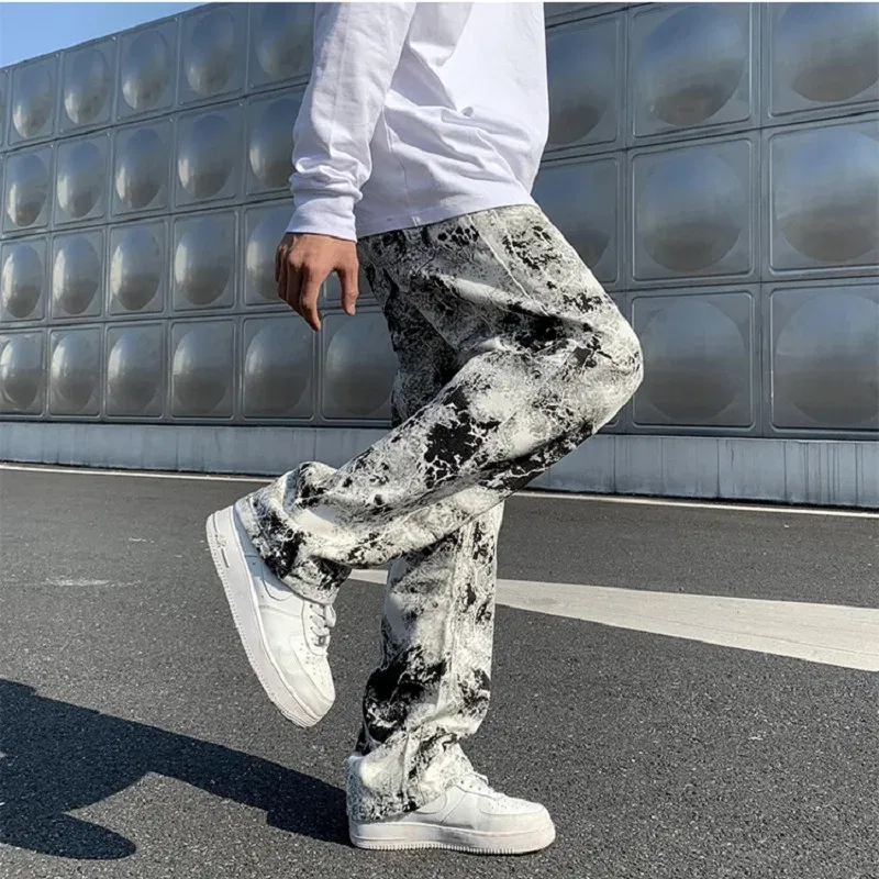 Color: black, Size: 5XL - Printed jeans Unisex Elastic waist Spring 2025 Mopping Trousers Jeans Mens Fashion Korean Style High Street Loose Hip Hop Pants