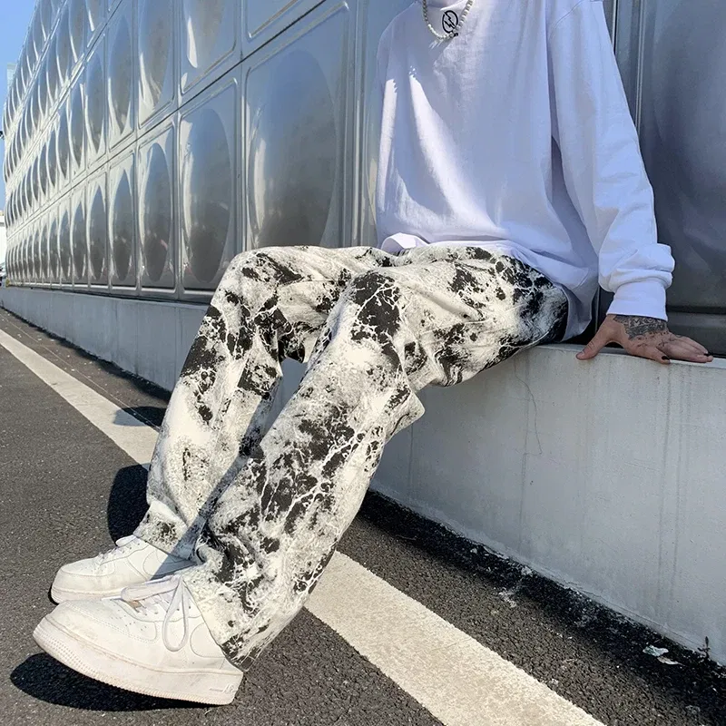 Color: black, Size: 5XL - Printed jeans Unisex Elastic waist Spring 2025 Mopping Trousers Jeans Mens Fashion Korean Style High Street Loose Hip Hop Pants