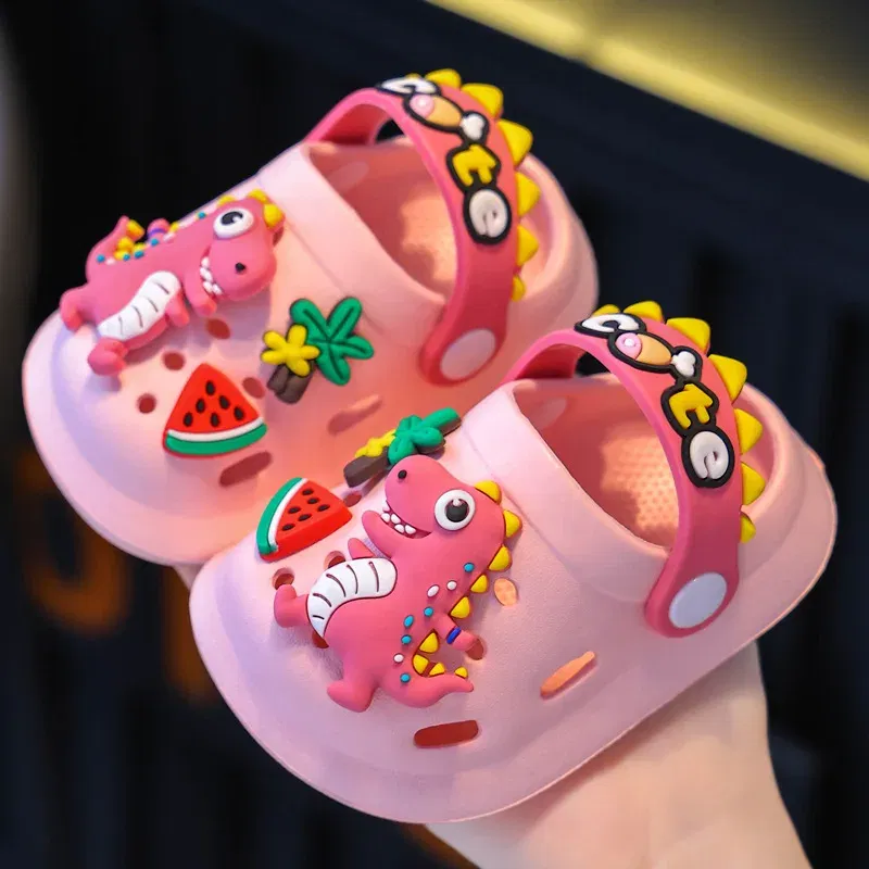 Color: Pink, Shoe Size: 3.5 - Summer Childrens Slippers Hole Kids Sandals Soft Anti-Skid Cartoon Dinosaur DIY Design Indoor Anti-Slip Boys Girls Beach Shoes