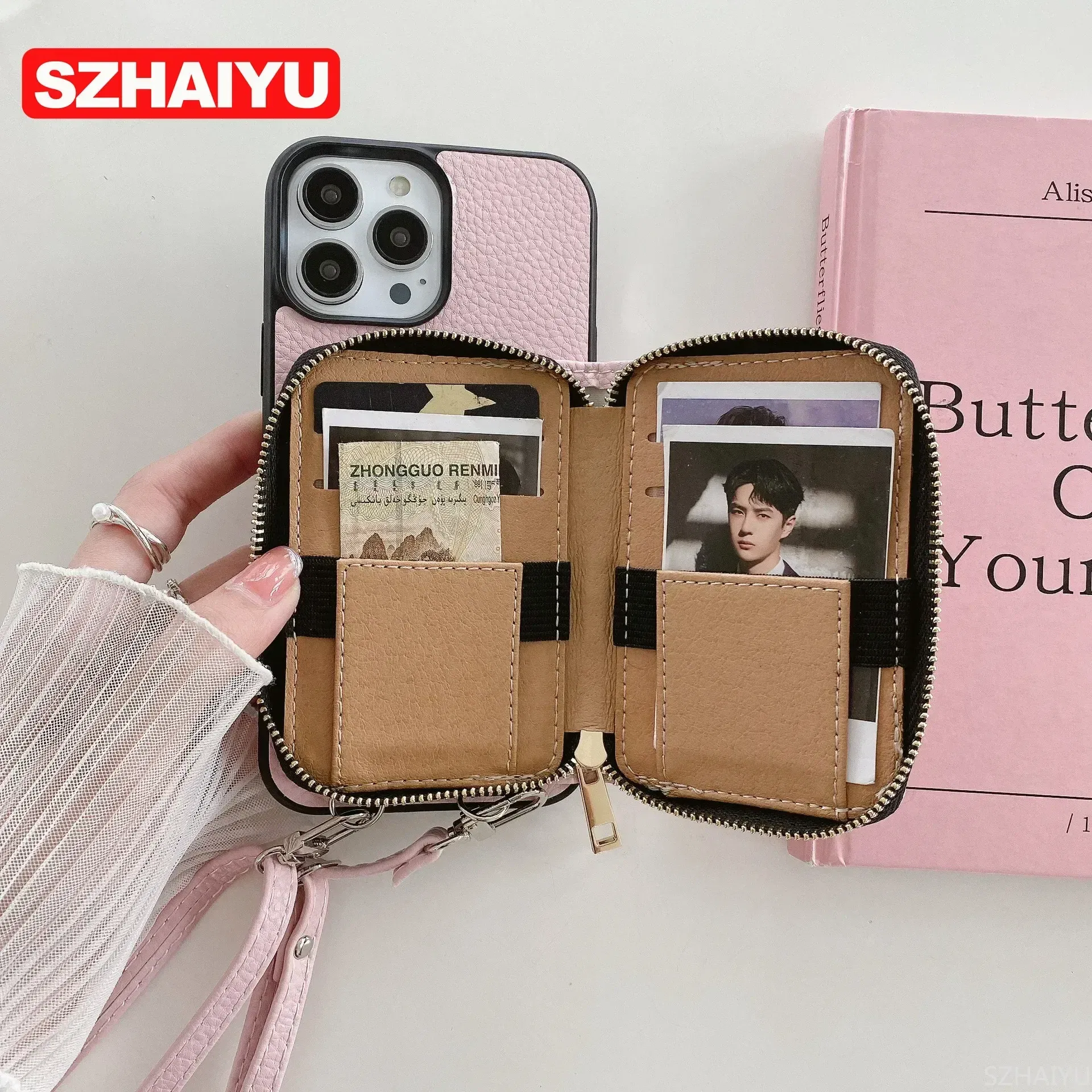 Material: Wood, Color: Clear - Zipper Wallet Phone Case For iPhone 16 15 14 13 12 Mini 11 Pro XS Max X Plus Card Slot Holder Crossbody Lanyard Leather Cover