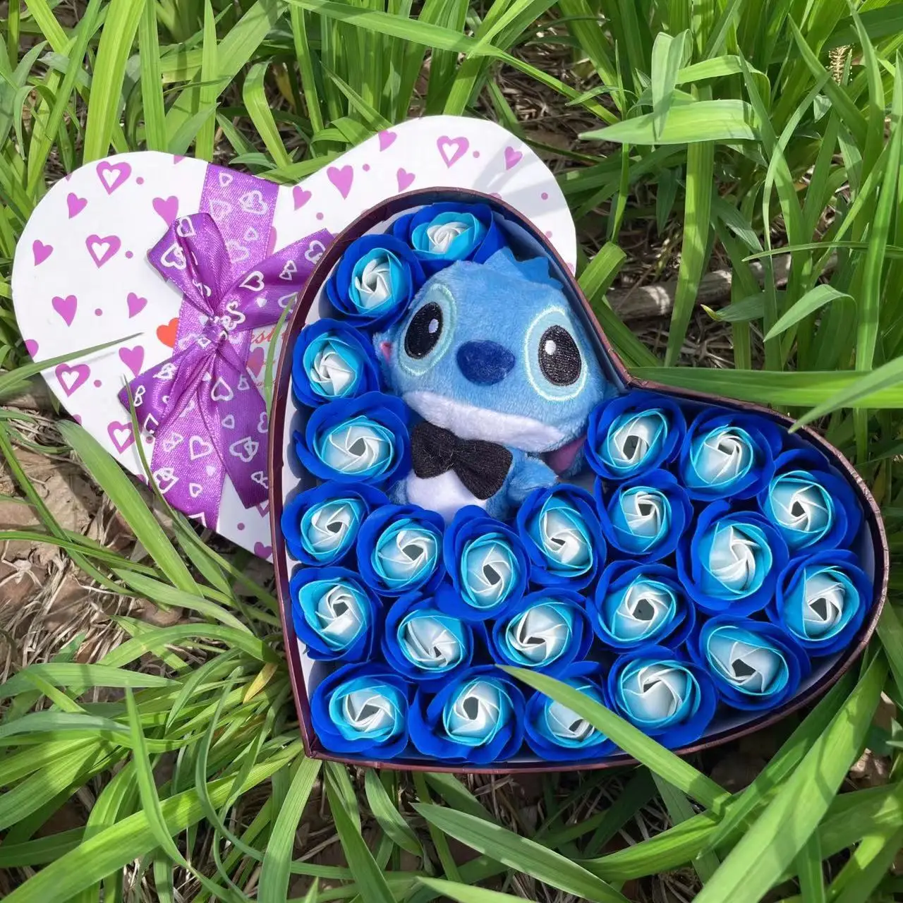 Color: Sky blue - Disney Cartoon Lilo Stitch Plush Doll Toys Rose Bouquet Gift Box Stitch Flower Bouquet Home Decoration Valentine Christmas Gifts