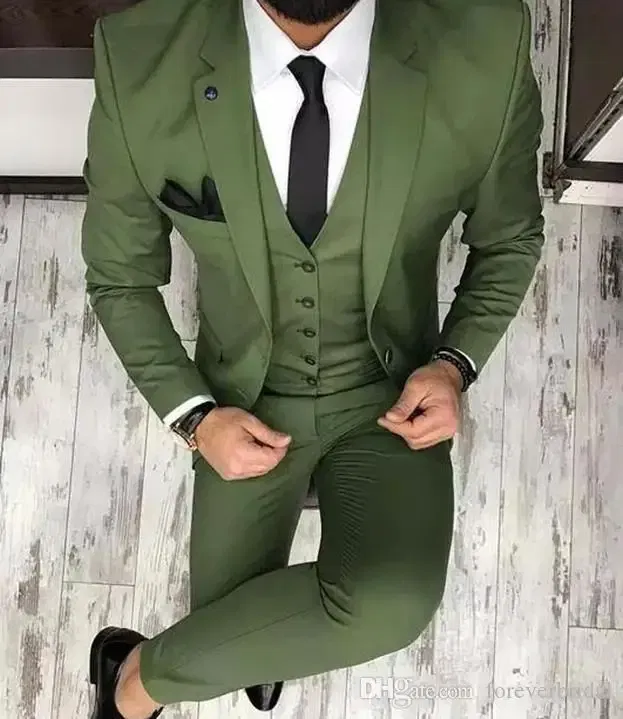 Color: army green, Size: M - Latest Olive Green Men Suits for Groom 3 Piece Classic Wedding Tuxedo Notched Lapel Best Man Slim Fit Blazer trajes de hombre