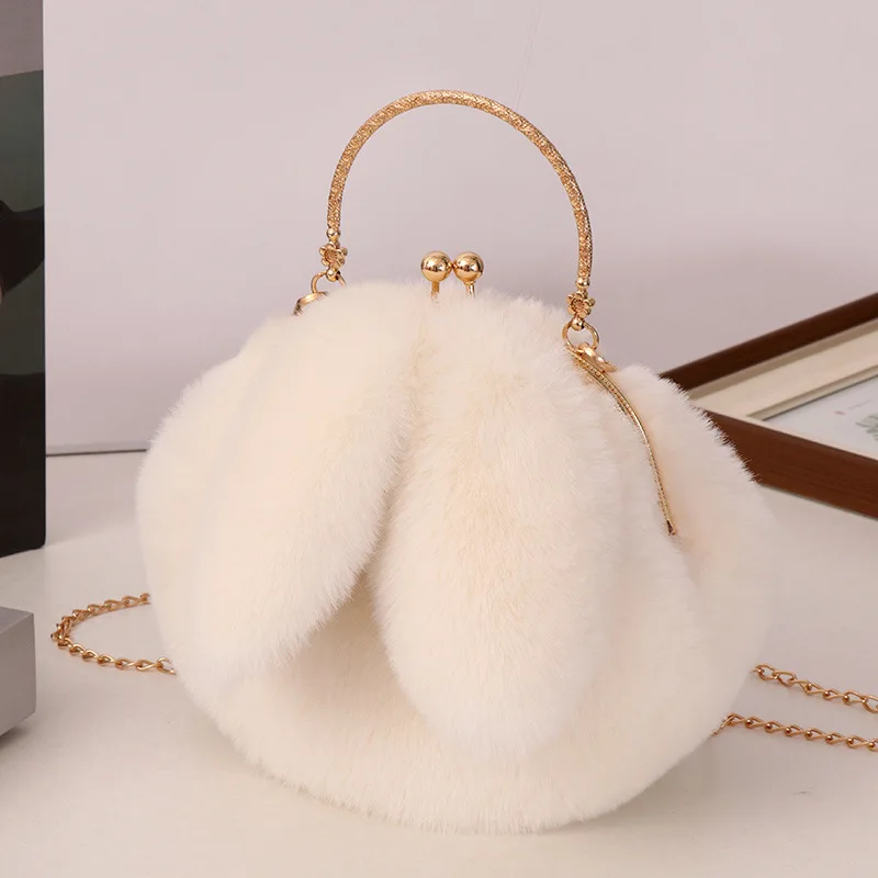 Color: Beige - Adorable Rabbit Ears Fluffy Crossbody Bag Women Stylish Chain Shoulder Handbag New