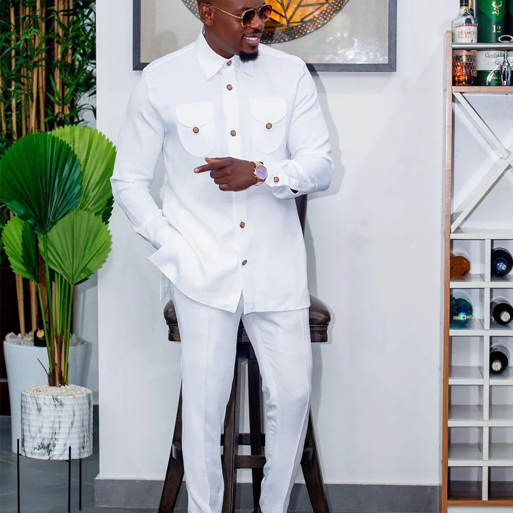 Color: green, Size: L - 2025 New men's suit, white pocket, 2-piece set, luxury wedding casual suit, traditional African style of ethnic minorities