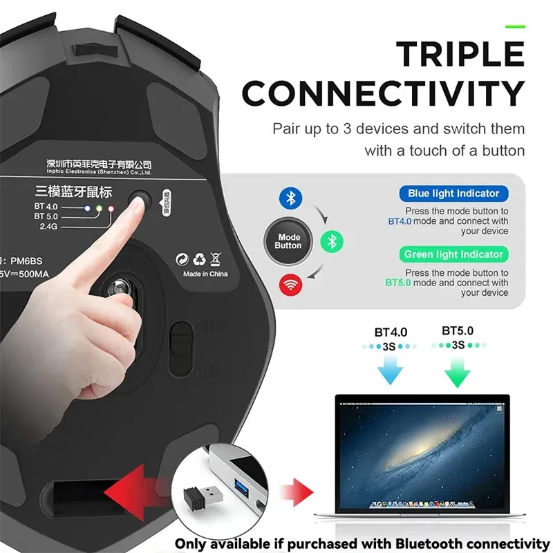 Color: DARKNESS - Inphic Rechargeable Wireless Mouse Ergonomic Bluetooth 5.0 2.4G Mice Office Mute Mouse For MacBook Tablet Laptops Computer PC
