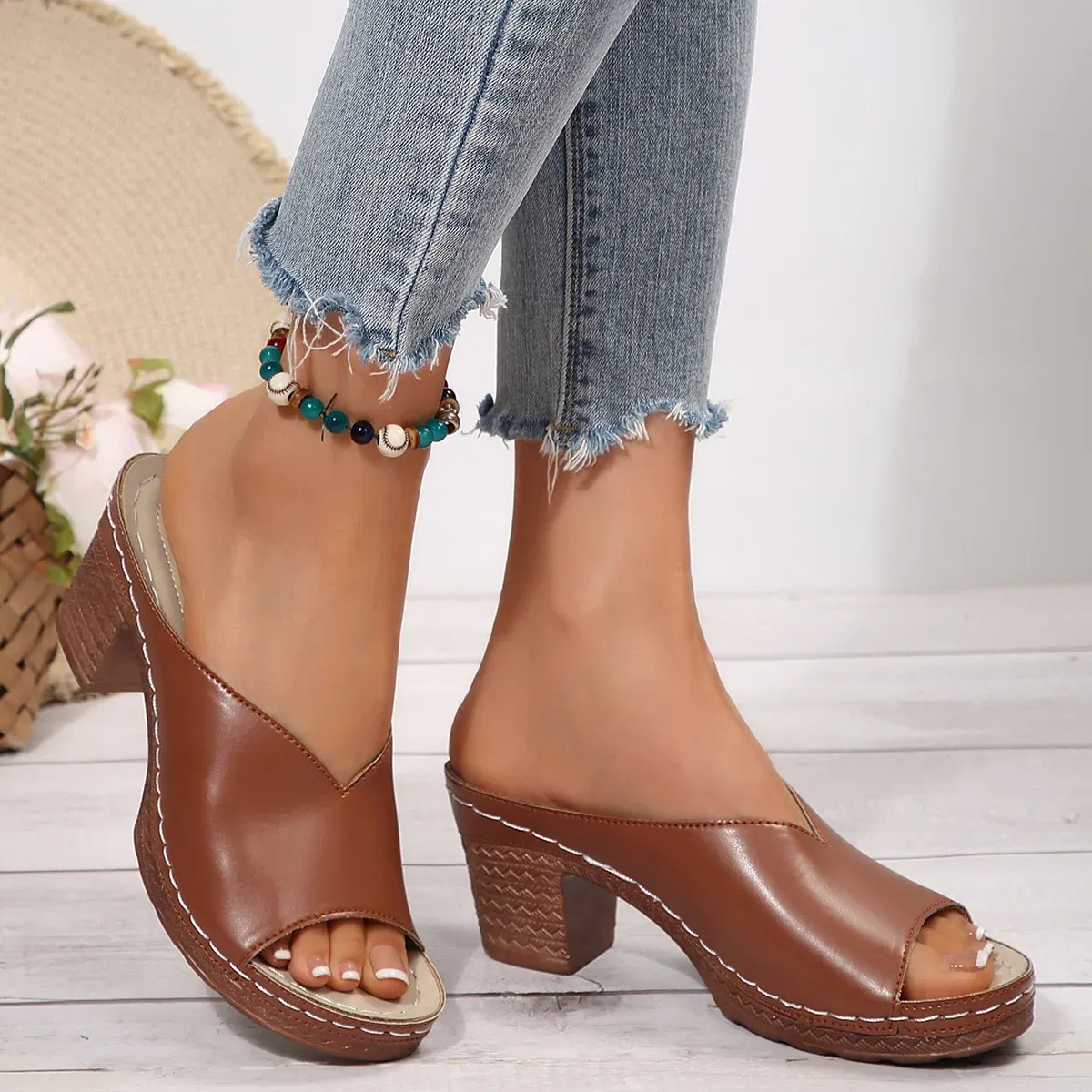 Color: Beige, Shoe Size: 36 - Women's Open-Toe High-Heel Slippers Summer New Fashion Outdoor Wear Slip-On Shoes 36-43 Sizes Polyurethane Upper Cushioning