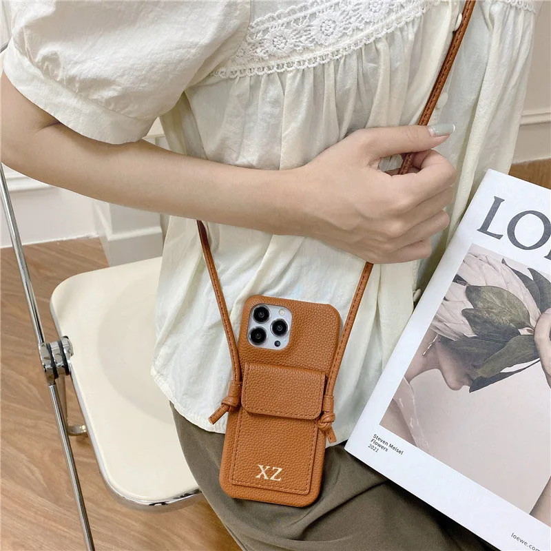 Color: Brown, Material: Denim - Personalized Gold Silver Letters Leather PU Card Holder Lanyard Hard Case For iPhone 14 13 12 11 15 Pro Max XS XR 16 Plus Cover