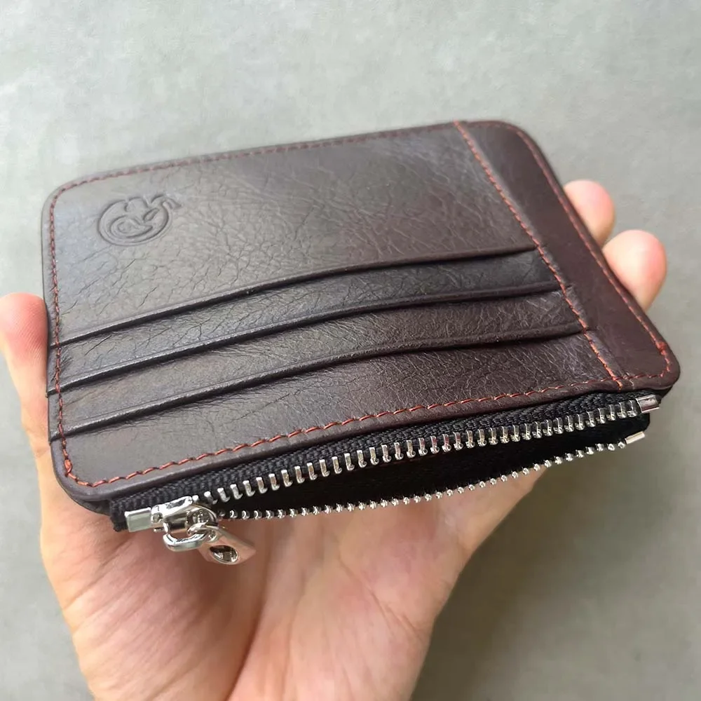 Color: Coffee - Genuine Leather Designer Card Holder Wallet Slim Credit Card Sleeves with Zipper Coin Pocket Card Case