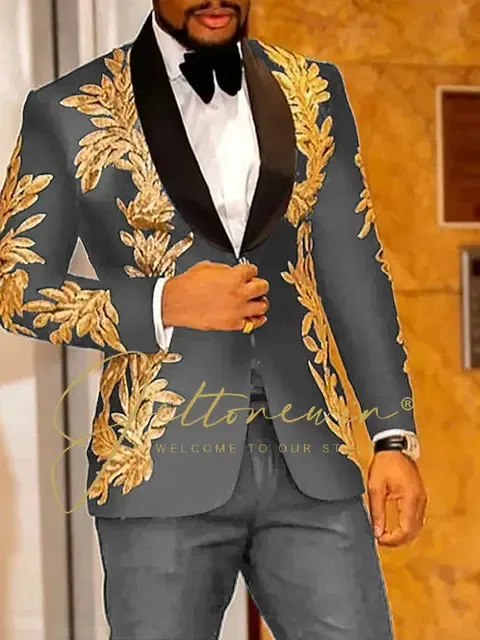 Color: Dark Grey, Size: 5XL - Luxury Groom Wedding Tuxedos Gold Sequins Appliques Black Men Suits Slim Fit Costume Homme Marriage Prom Suits