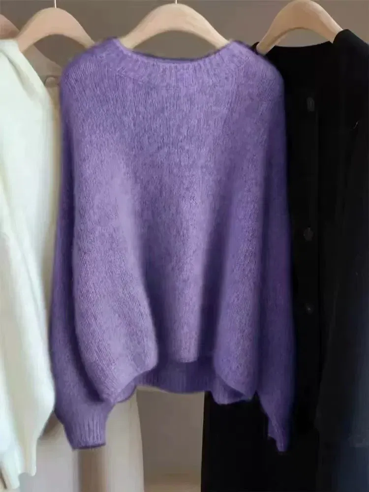 Color: Pink, Size: XL, Ships From: CHINA - Autumn and Winter New Cashmere Sweater 100% Pure Wool Knitted Pullover for Women, Loose and Lazy Style Round Neck Soft Solid Top