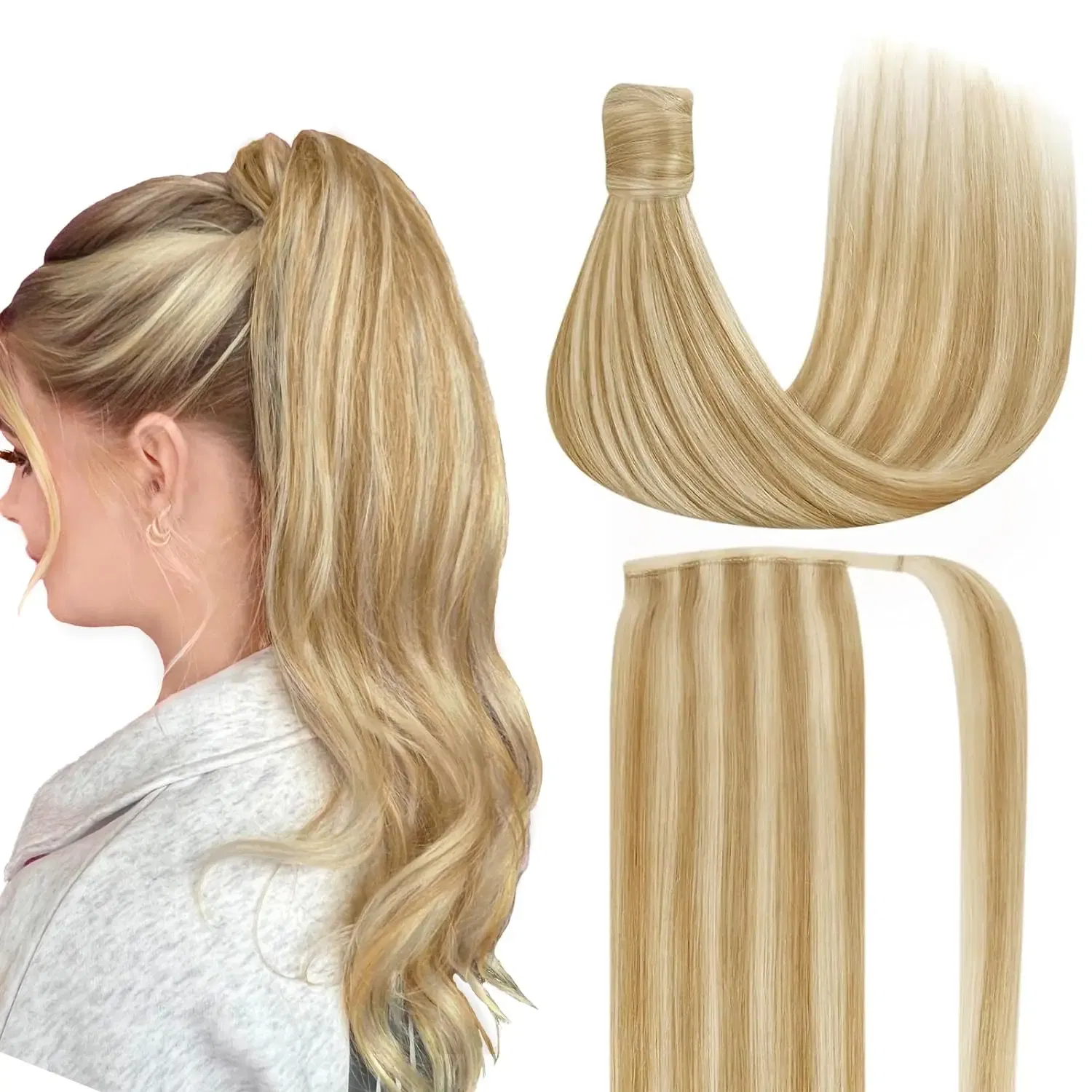 Color: #16, Life Span: 6 Months With Proper Care, Stretched Length: 16inches - VeSunny Human Hair Ponytail Light Blonde Mix Golden Blonde Real Hair Ponytail Extension Highlights Blonde Ponytail Hair 80g