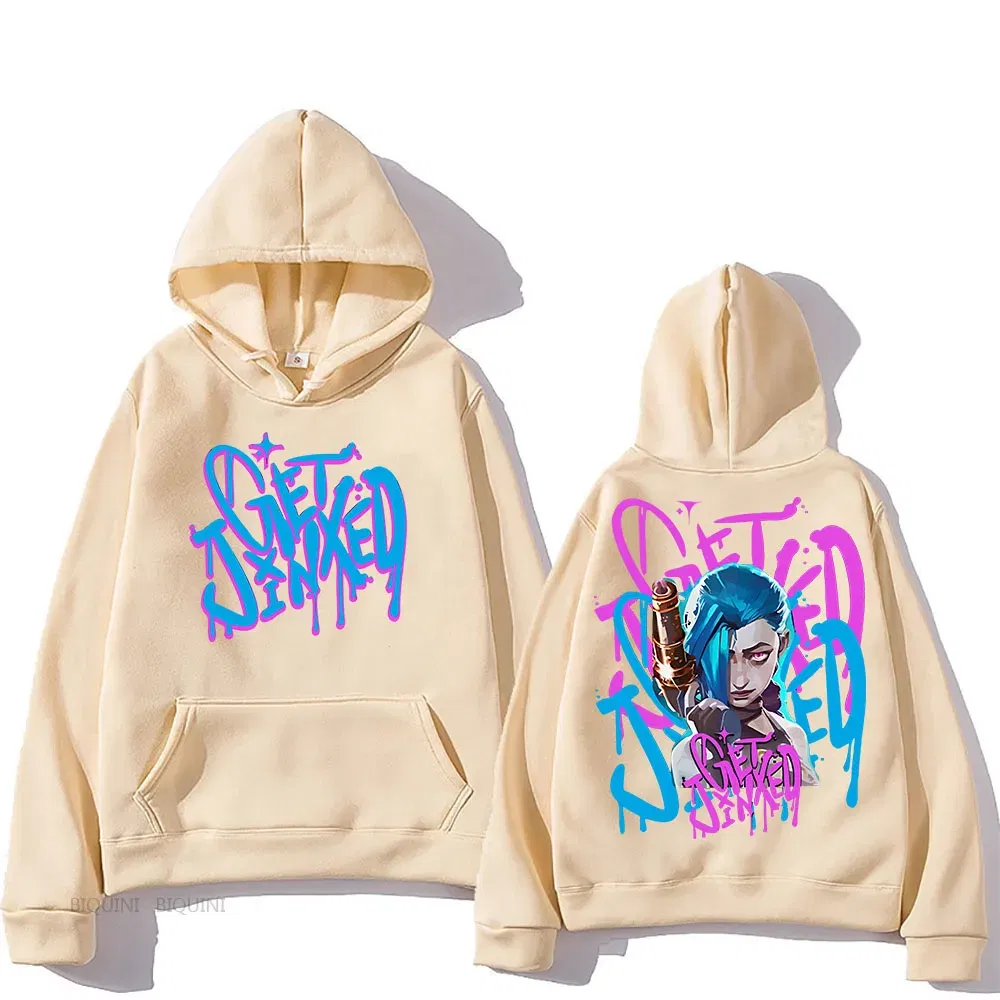 Color: Blue, Size: S - Arcane Jinx Cute Hooded Anime Print Harajuku Kawaii Sweatshirt Long-sleeved Cartoon Fleece Clothes Moletom Fashion Pullovers
