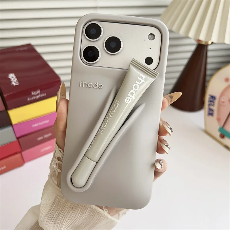 Material: Denim, Color: Beige, Bundle: Bundle1 - With Lipstick Phone Case for iPhone 17 13 14 15 16 17 Pro Max Plus 12 17 Air Silicone Lip Gloss Holder Hot INS Soft Cover Funda