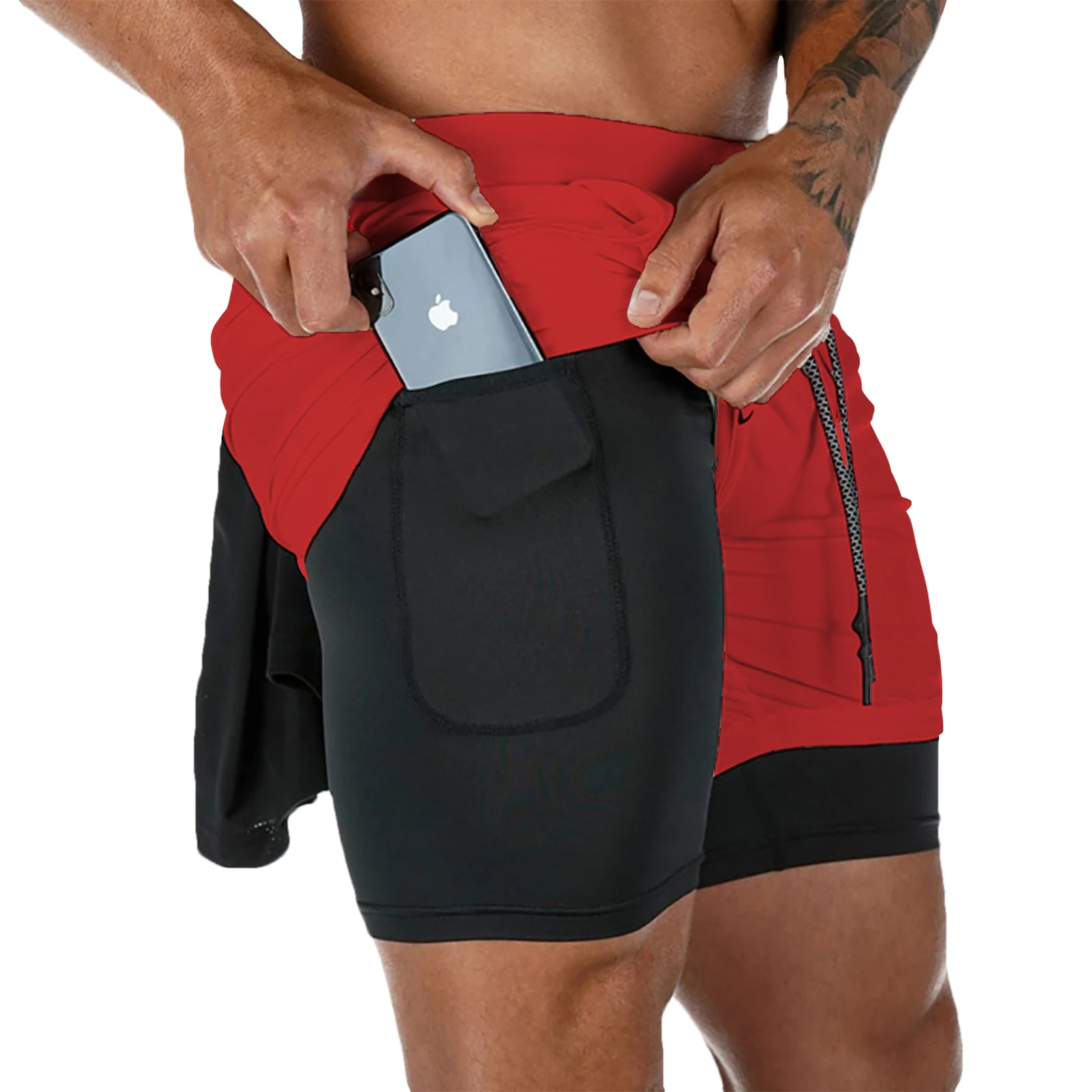 Color: Red, Size: S - Men's Double Layer Fitness Shorts Drawstring Mesh Lining Elastic Waist Breathable Quick Dry to Beach Pool Summer Male
